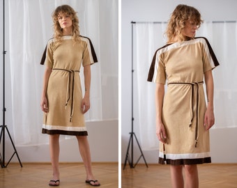 Vintage Velvet Loungewear Dress in Brown for Women | Size XS - S | Short Sleeve Velour Belted T Shirt Dress in Beige, Brown, White NVS357