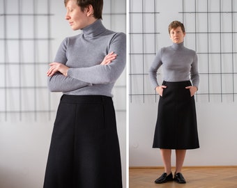 Vintage puur wollen Midi rok in zwart voor dames | Maat L | Halflange A-lijn minimale rok met zakken NVS1002