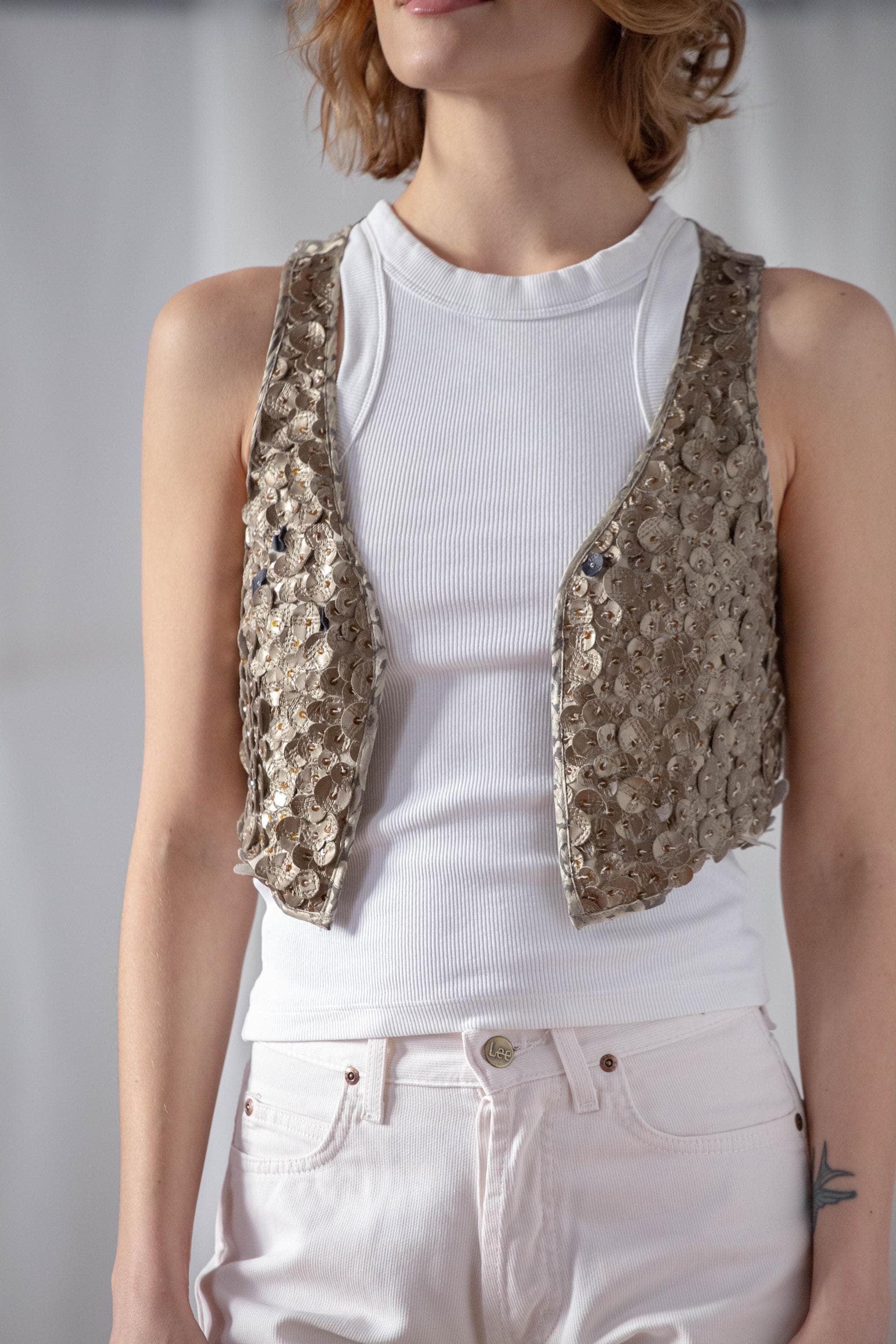Vintage Silk Open Vest: Khaki Green Bronze Boho Waistcoat, XS Vintage Silk Open Vest: Khaki Green Bronze Boho Waistcoat, XS