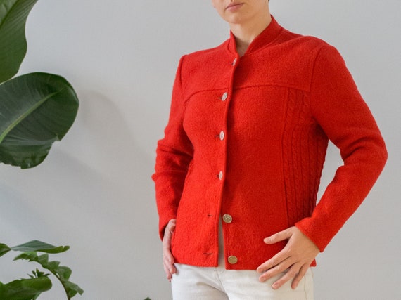 Vintage Boiled Wool Folk Jacket With Cable Knit Details in True