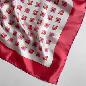 Vintage Pure Silk Neck Scarf in Coral Red, Pink & Off White for Women | Geometric Print Multicolor Foulard. Marja Kurki Accessories NVS1645