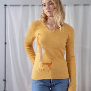 Vintage Novelty Sweater: Honey Yellow Fine Knit Jumper for Women (size S), Woman Walking a Greyhound Dog Pattern, V Neck