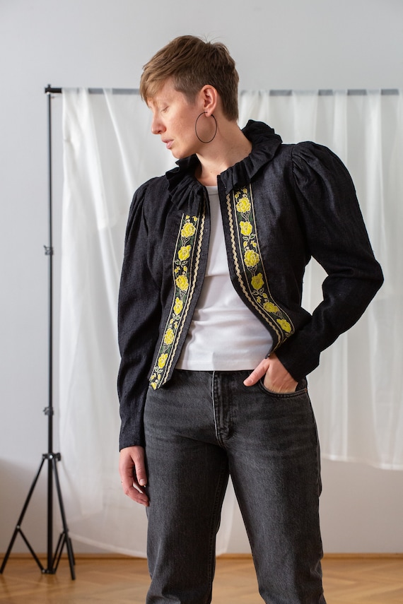 Vintage 100% Silk Folk Jacket with Puff Sleeves f… - image 4