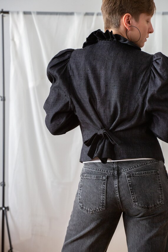 Vintage 100% Silk Folk Jacket with Puff Sleeves f… - image 2