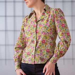 Vintage 1960s Floral Blouse in Pink, Yellow & Green for Women Buttoned Open Collar Puff Sleeve Colourful Flower Pattern Top NVS1041 image 5