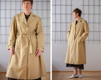 Vintage Midi Trench Coat in Beige for Women | Size M | 1960s Buttoned Long Flare Notch Collar Belted Spring Jacket with Puff Sleeves NVS1098