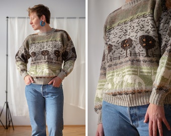 Vintage Wool Knit Novelty Sweater in Brown & Green for Women | Size S - M | Equestrian Horse Farm, Tree Pattern Bobble Jumper NVS956