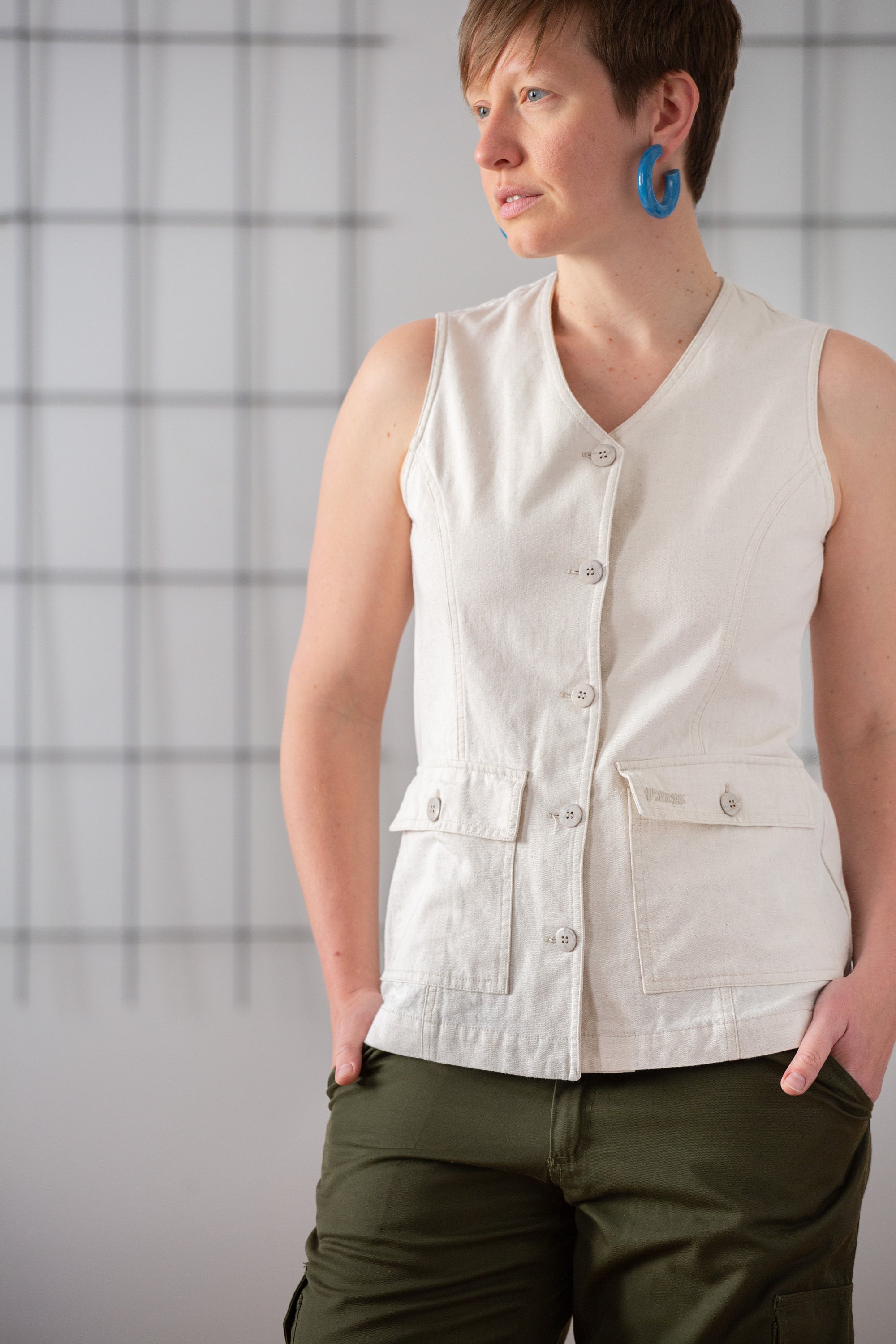 French Vintage Vest Top in Light Beige for Women | Size S | Cotton