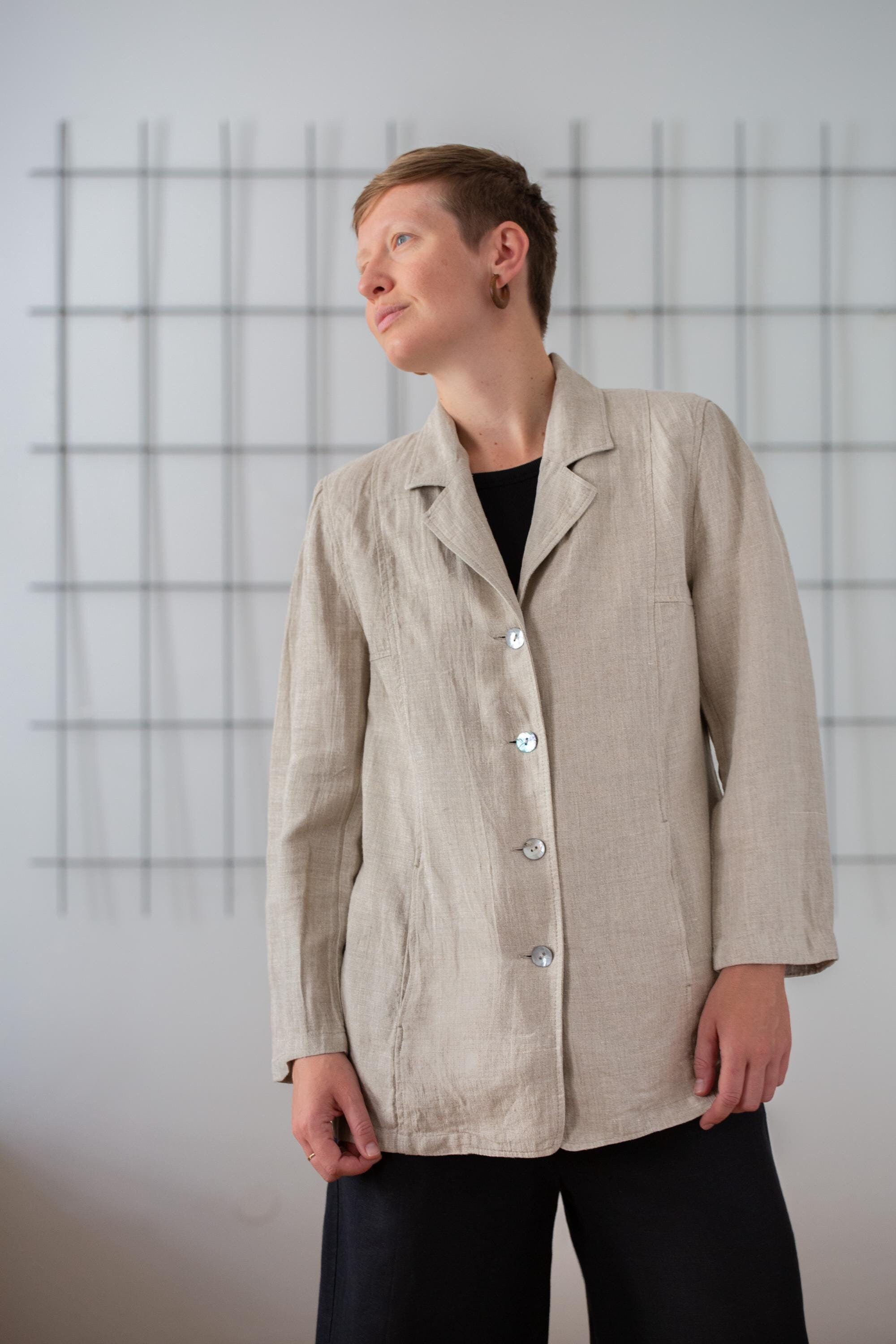 ジャケット・アウター 80s 90s EURO linen tailored jacket beige Vintage Linen Blazer: Beige Single Breasted Longline Jacket (size