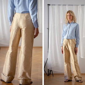 Champagne Formal Pants 2-piece Set, Asymmetric Tunic & Wide Leg