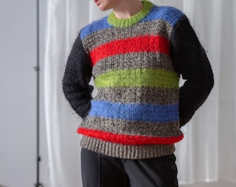 Vintage Gestreifter Mohair Wolle Pullover: Mehrfarbiger