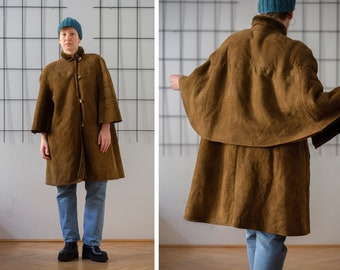 Vintage Real Shearling Coat in Brown with Cape Style Sleeves for Women | Size M | Unique Buttoned Midi Sheepskin Leather Jacket NVS981