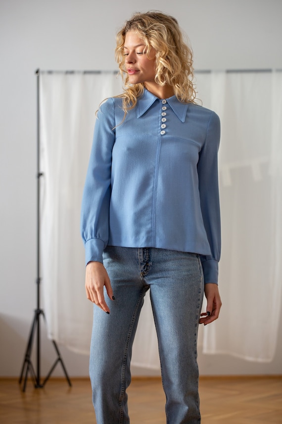 Vintage Pure Wool Crepe Blouse in Sky Blue for Wo… - image 1