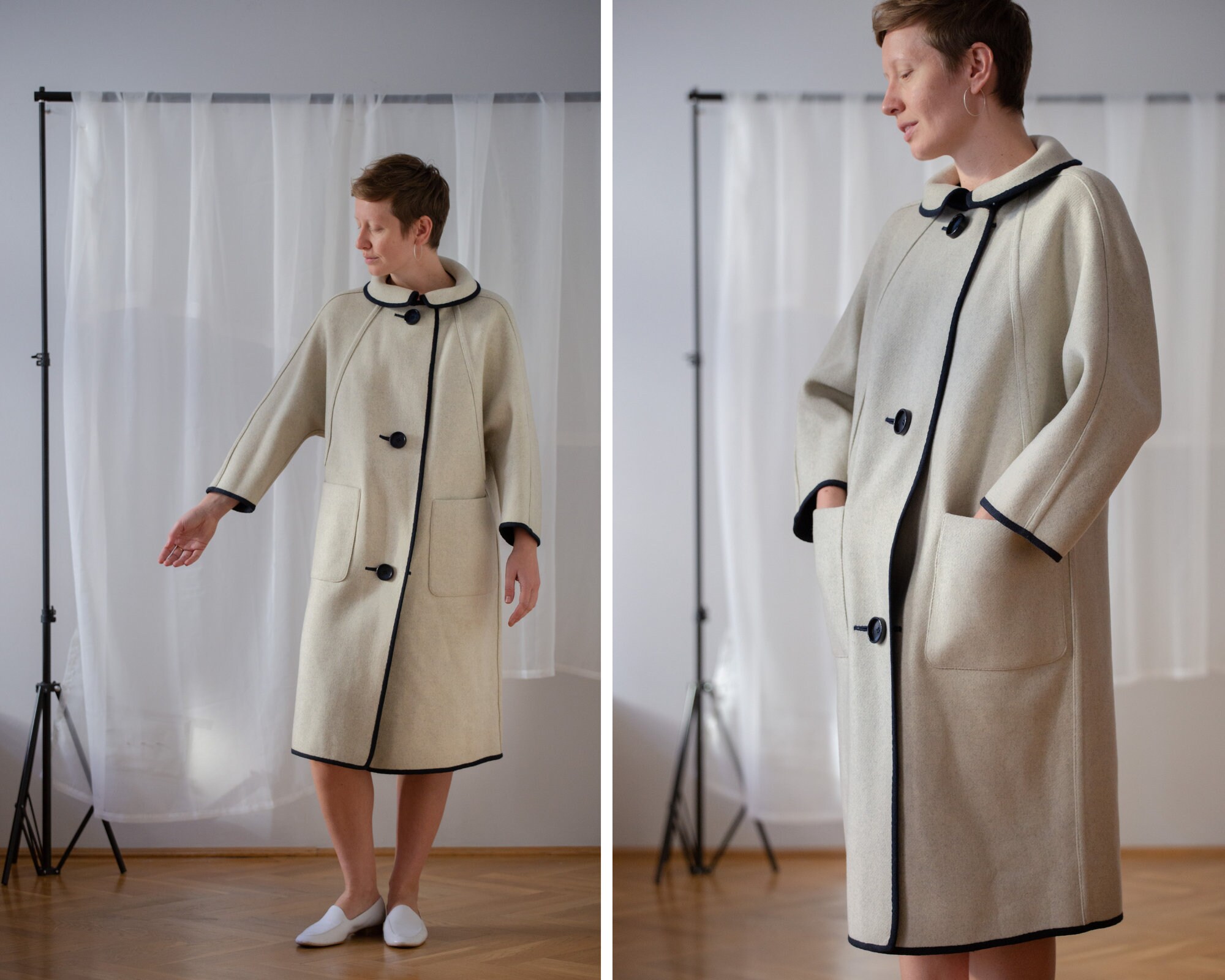 Vintage Reversible Wool Coat in Indigo Blue & off White for