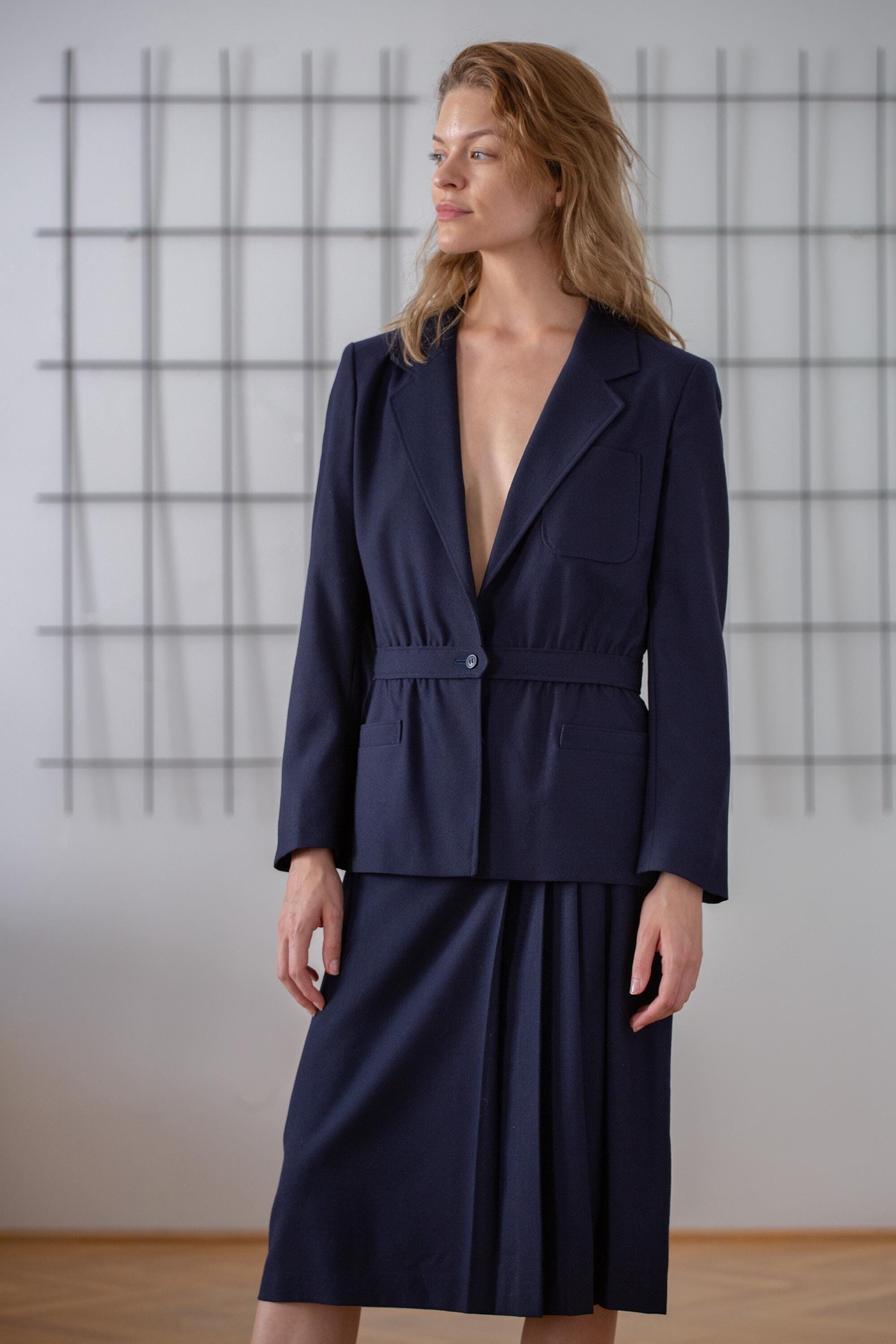 ネイビー　ブラウスジャケットS Vintage Matching Skirt Suit in Navy Blue for Women | Size S