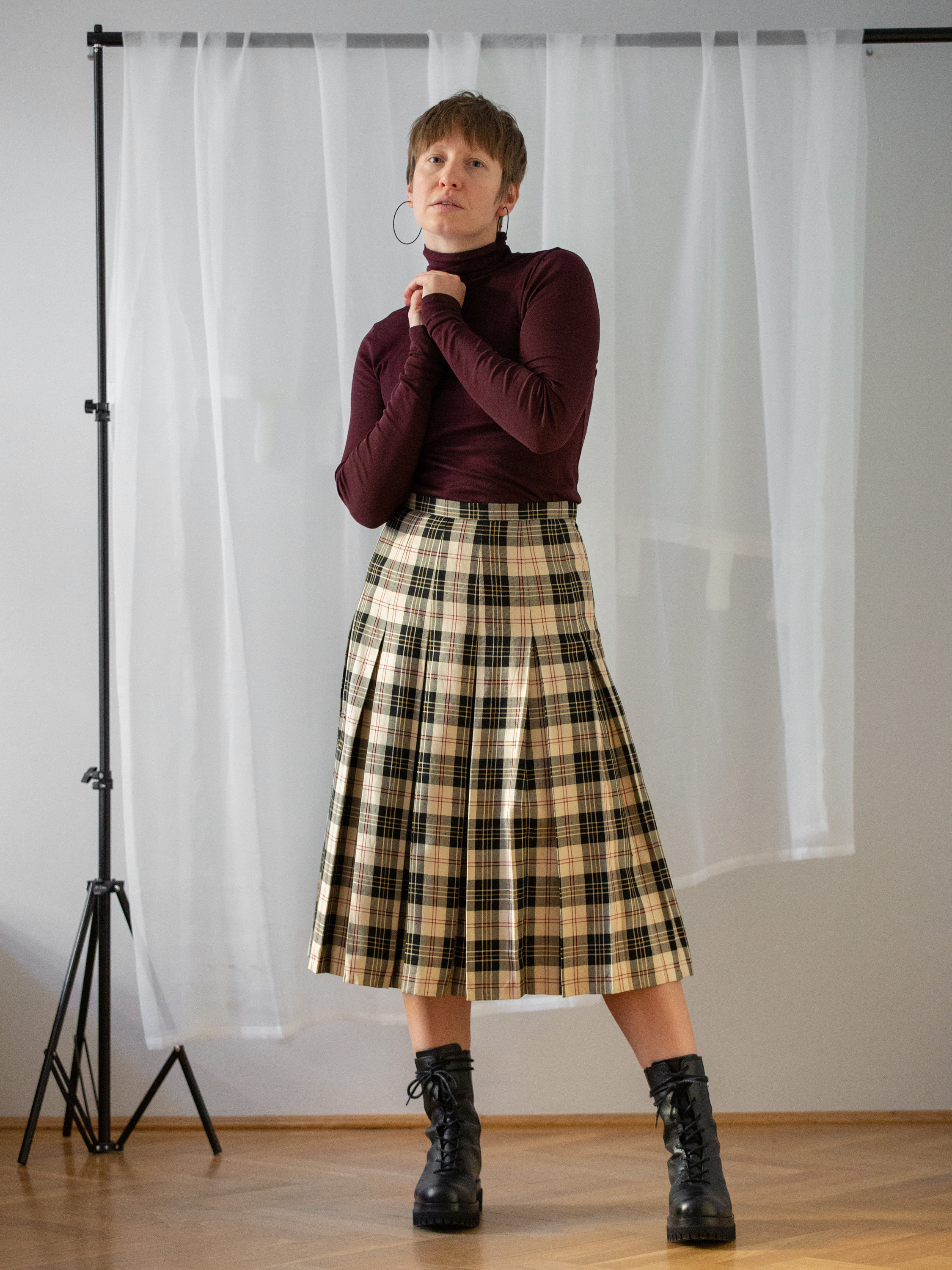 Vintage 100% Silk Pleated Midi Skirt With Cream & Black Plaid - Etsy