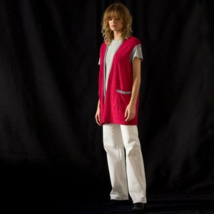 Vintage Soft Wool Angora Sweater Vest in Berry Red for Women Size S M Longline Fine Knit Open Waistcoat with Contrast Grey Trim NVS090 image 5