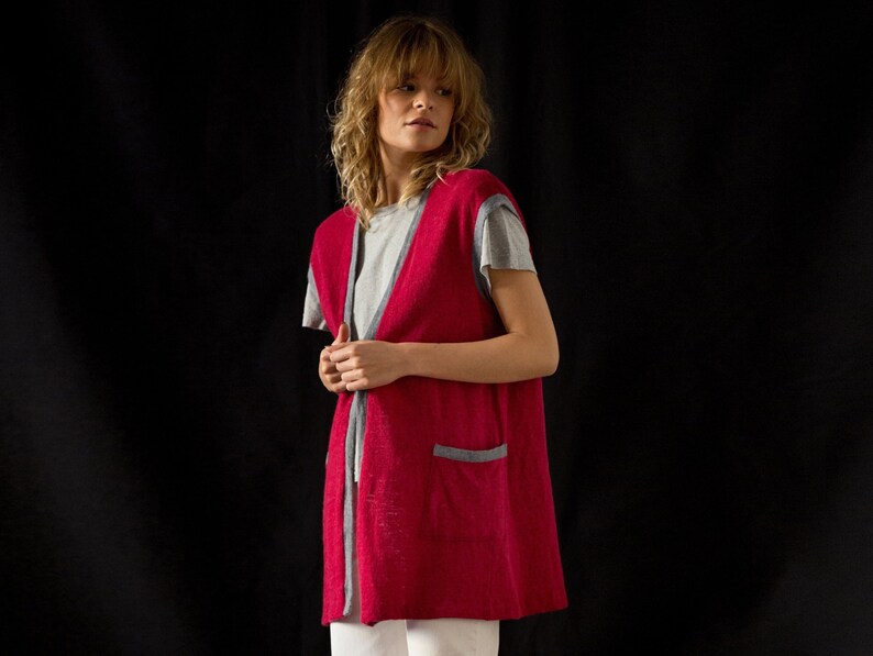 Vintage Soft Wool Angora Sweater Vest in Berry Red for Women Size S M Longline Fine Knit Open Waistcoat with Contrast Grey Trim NVS090 image 2