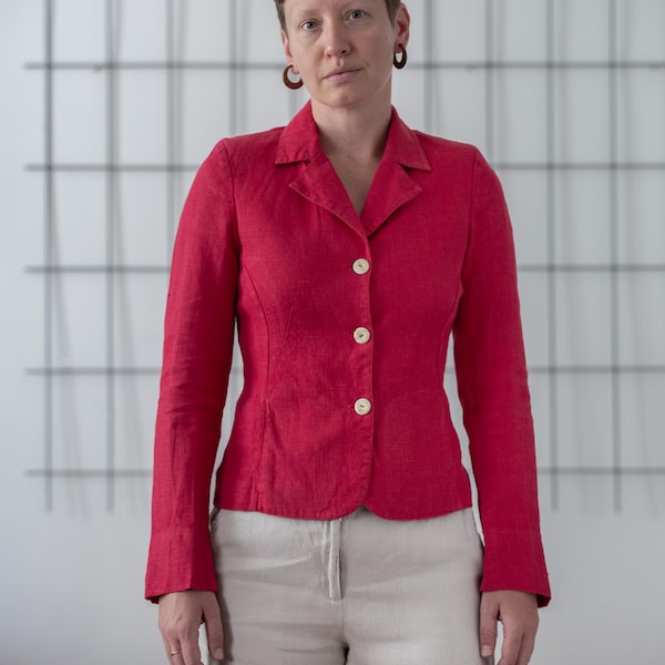 Blazer de lino vintage: Chaqueta de verano entallada color rojo cereza (EU 36)