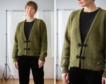 Vintage Fuzzy Mohair Blend Cardigan Sweater with Frog Closure in Olive Green for Women | Size L | Knitted Deep V Neck Khaki Jumper NVS481