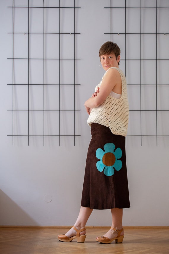Vintage Real Suede Leather Skirt in Dark Brown wit