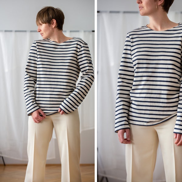 Vintage SAINT JAMES Striped Sailor Shirt in Ecru & Navy Blue | Size M | 100% Thick Cotton Jersey Long Sleeve Crew Neck Unisex T Shirt NVS676