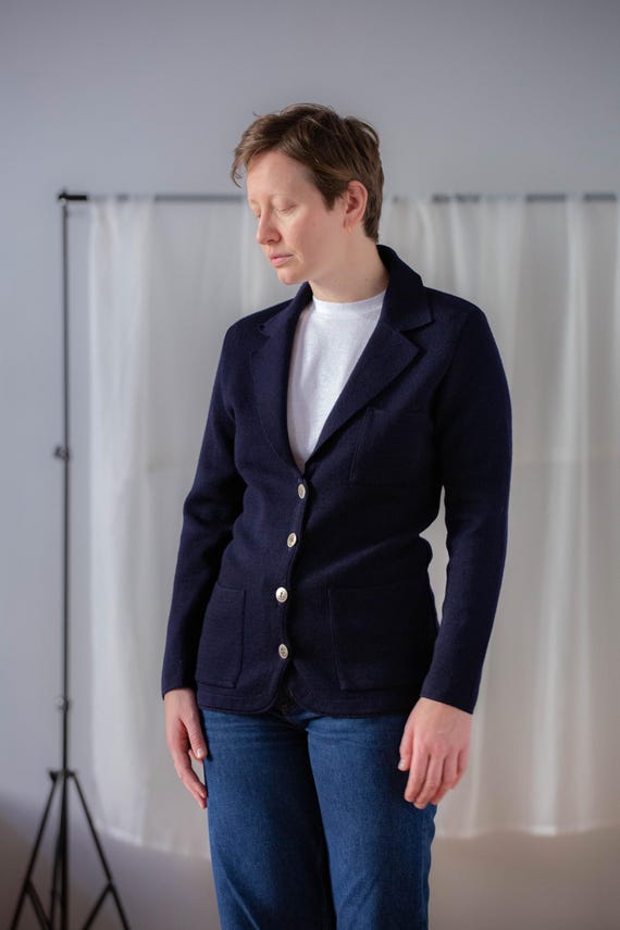 Vintage Busnel Wool Cardigan Blazer: Navy French Knit, Size XS-S