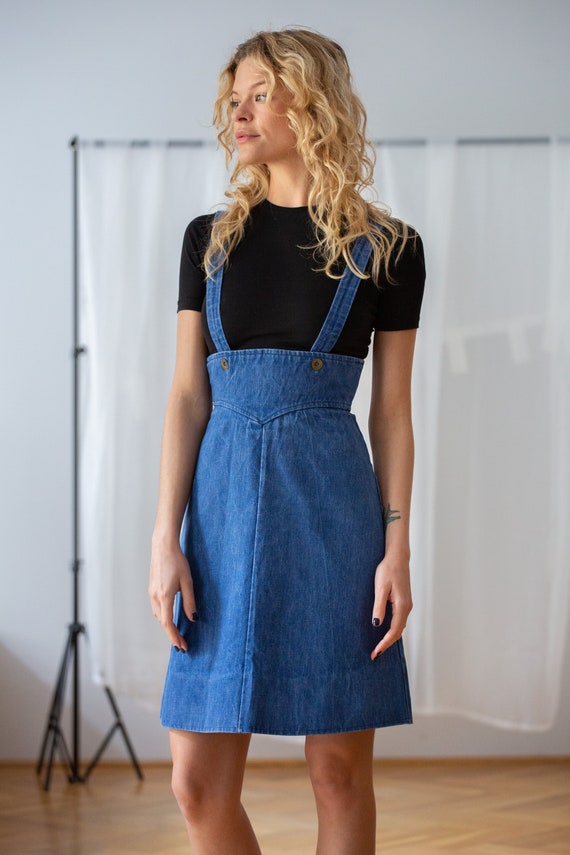 Vintage Denim Pinafore Mini Dress in Mid Blue for Girls