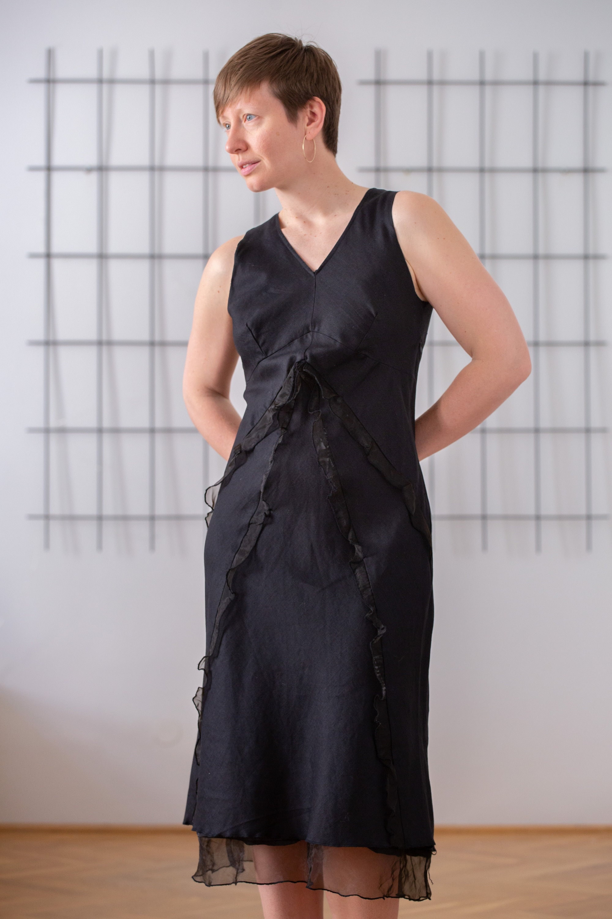 女性用100％シルクマキシドレスヴィンテージドットノースリーブ 