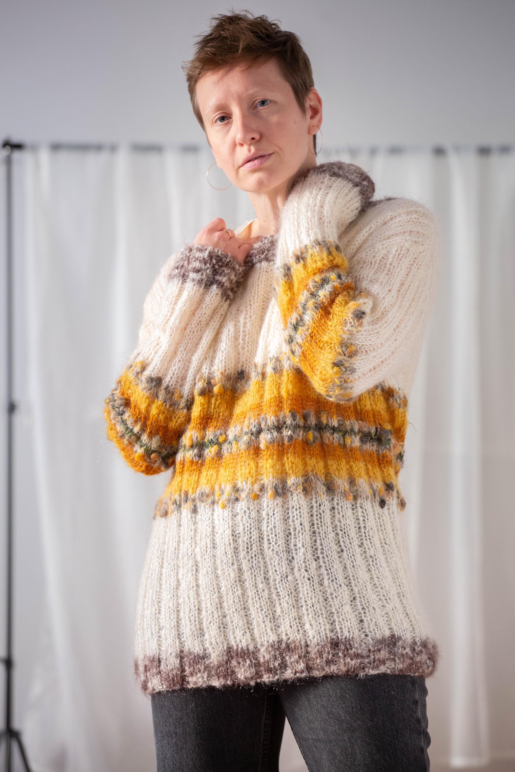 Vintage Fuzzy Knit Sweater: off White Striped Jumper, Ribbed