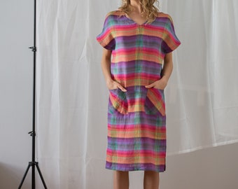 Vintage 100% Linen Tunic Dress with Pockets for Women | Size XS - S | Colourful Midi Summer Dress in Purple, Pink & Yellow Stripe NVS285