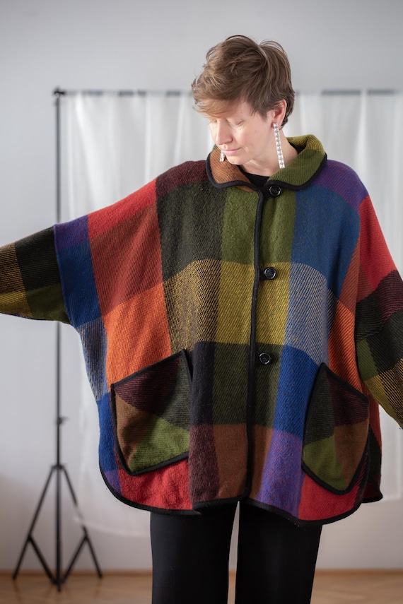Norwegian Vintage Wool Coat | Free Size | Multicolor Plaid Jacket in Green, Blue, Red, Yellow