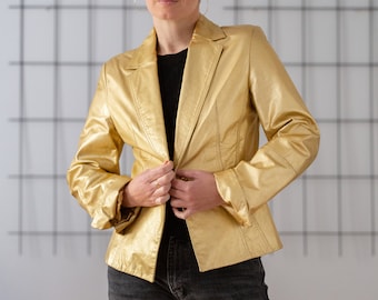 Vintage Real Nappa Leather Blazer in Shiny Golden for Women | Size M | Single Breasted Fitted Statement Jacket with Notch Collar NVS1107