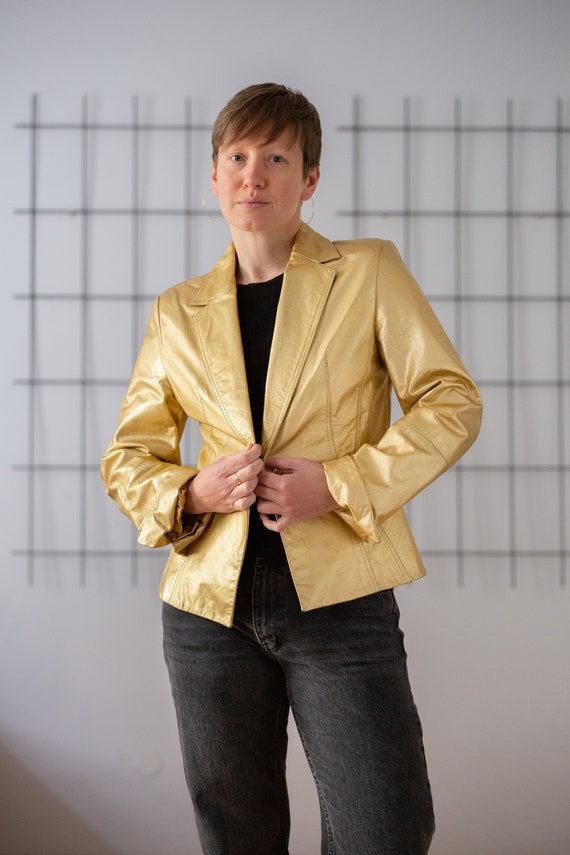 Blazer en cuir veritable nappa vintage en dore brillant pour femme Taille M Veste tendance ajustee a boutonnage simple avec col crante NVS1107 Etsy France