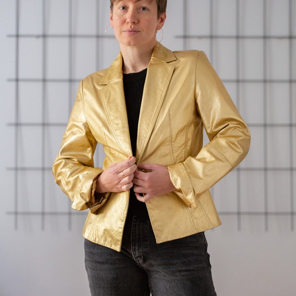 Vintage Real Nappa Leather Blazer in Shiny Golden for Women | Size M | Single Breasted Fitted Statement Jacket with Notch Collar NVS1107