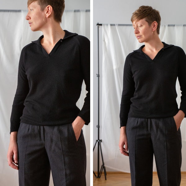 pull polo vintage en noir pour femme | Taille S-M-L | Pull en laine mérinos, cachemire et soie en maille fine avec col polo. Haut minimal NVS808