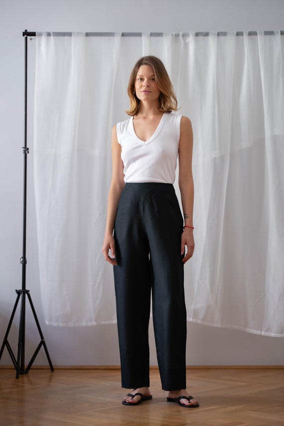 パンツ Old Linen Black Slacks Vintage Italian Linen Trousers: High Waist Black Summer Pants