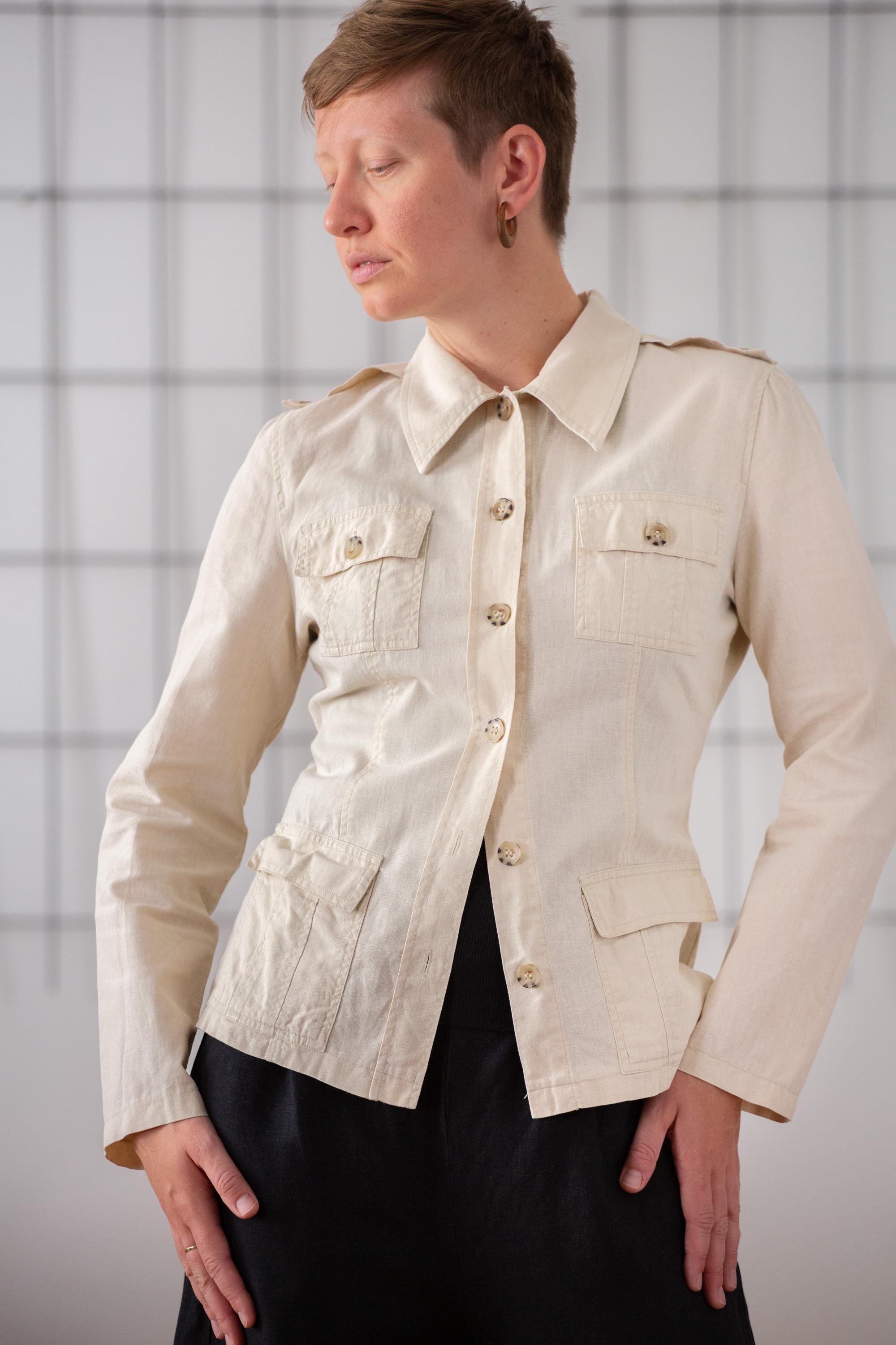 Vintage Linen Safari Jacket: Women's Beige Utility Overshirt (size