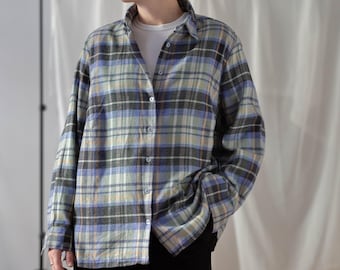 Vintage Button Down Flannel Shirt in Blue & Pastel Green for Women | Size XL - XXL | Plus Size Plaid Cotton Long Sleeve Blouse Top