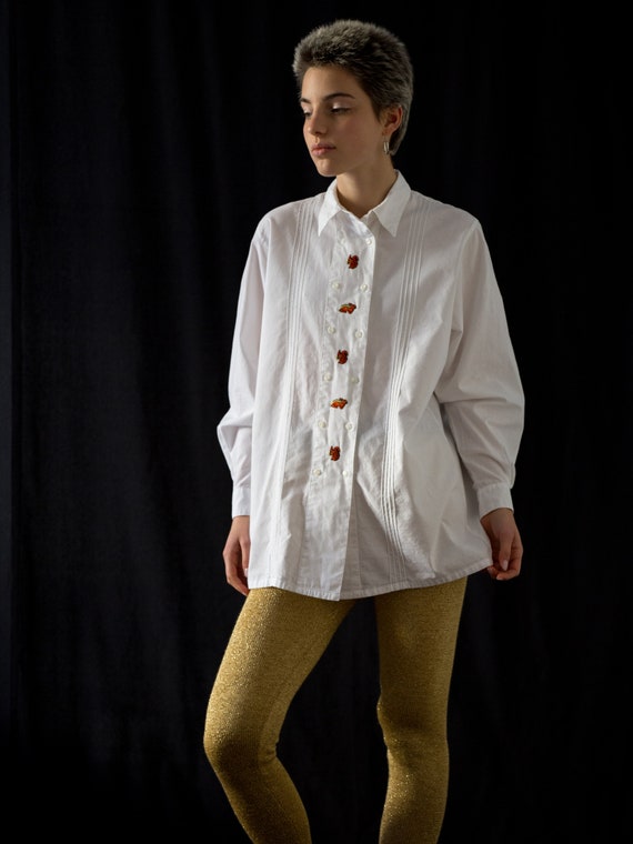 Vintage Folk Cotton Shirt in White with Squirrel … - image 3