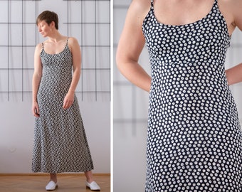Vintage viscose bloemen maxi-jurk in donkerblauw voor dames | Maat M | Aansluitende lange zomerjurk met bandjes en witte bloemenprint NVS1015