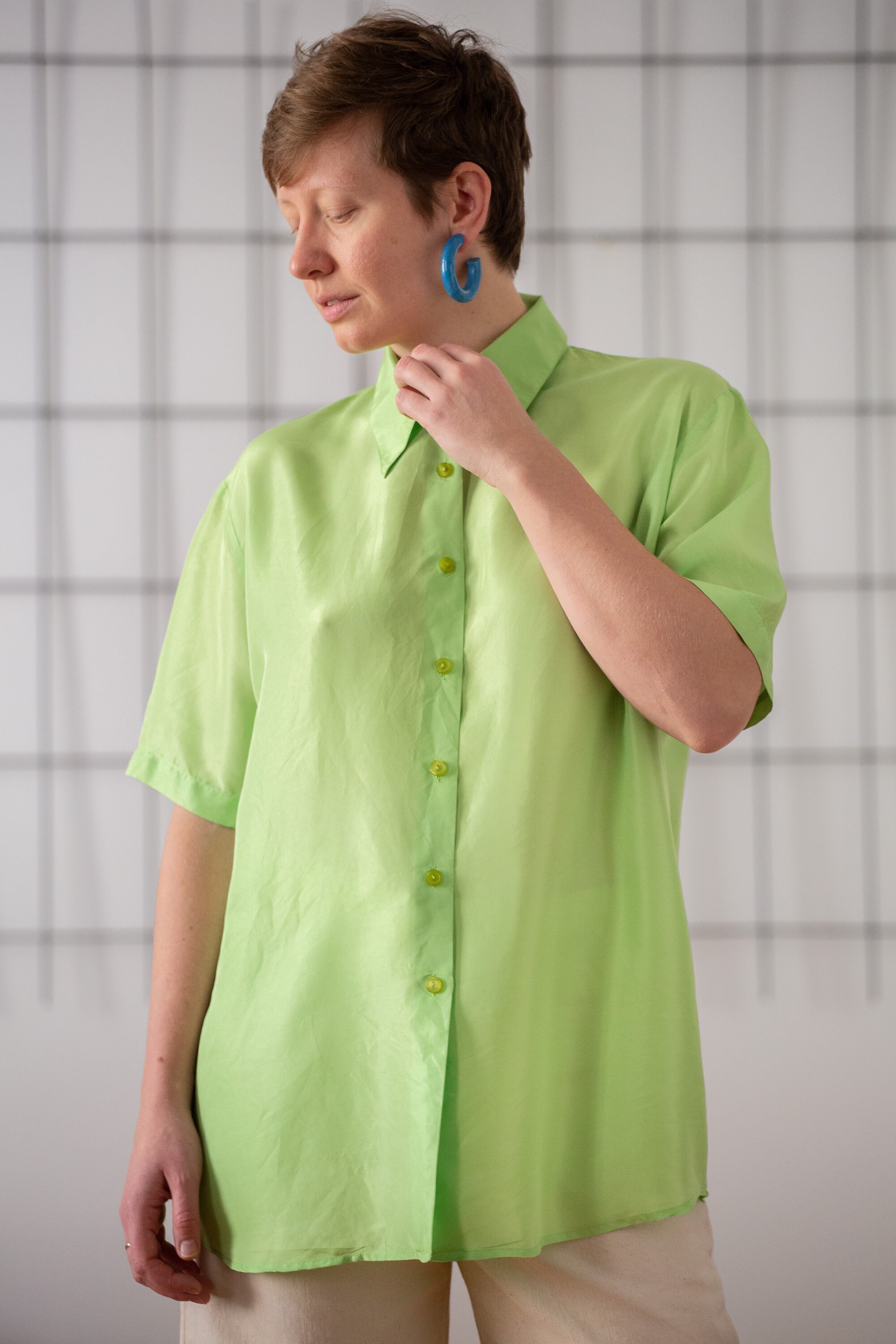 Vintage Neon Green Silk Shirt: Short Sleeve Button-down Blouse