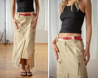 Vintage Utility Maxi Skirt in Beige for Women | Size S | Long Utilitarian Cargo Skirt with Pockets & Zippers in Sand. y2k Clothes NVS801