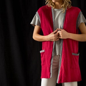 Vintage Soft Wool Angora Sweater Vest in Berry Red for Women Size S M Longline Fine Knit Open Waistcoat with Contrast Grey Trim NVS090 image 7