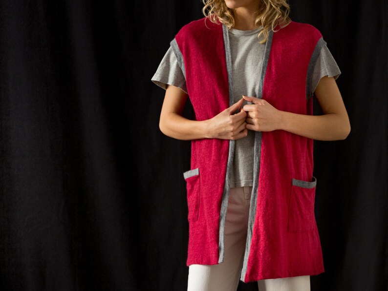 Vintage Soft Wool Angora Sweater Vest in Berry Red for Women Size S M Longline Fine Knit Open Waistcoat with Contrast Grey Trim NVS090 image 7