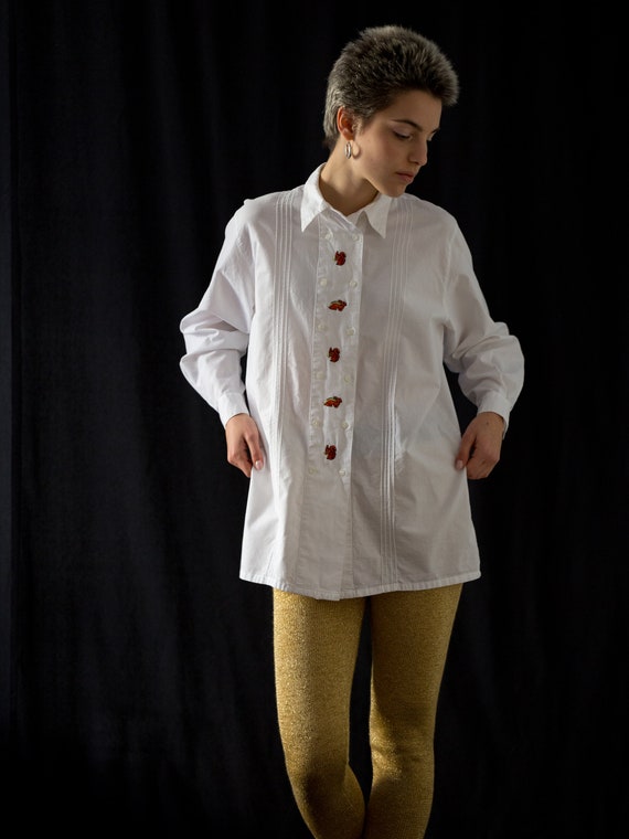 Vintage Folk Cotton Shirt in White with Squirrel … - image 6