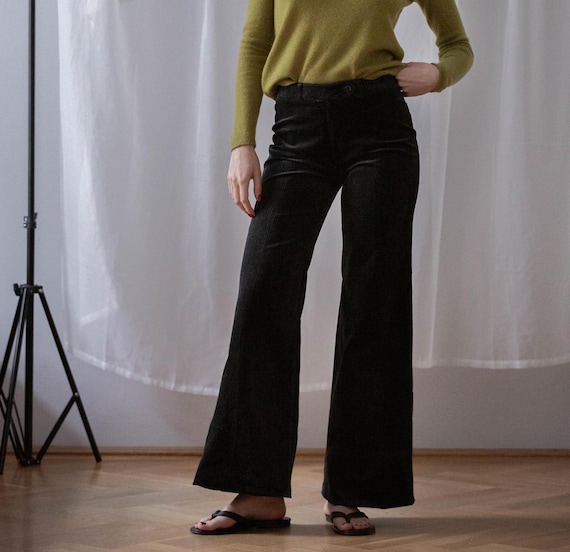 Vintage Cotton Velvet Striped Trousers in off Black for