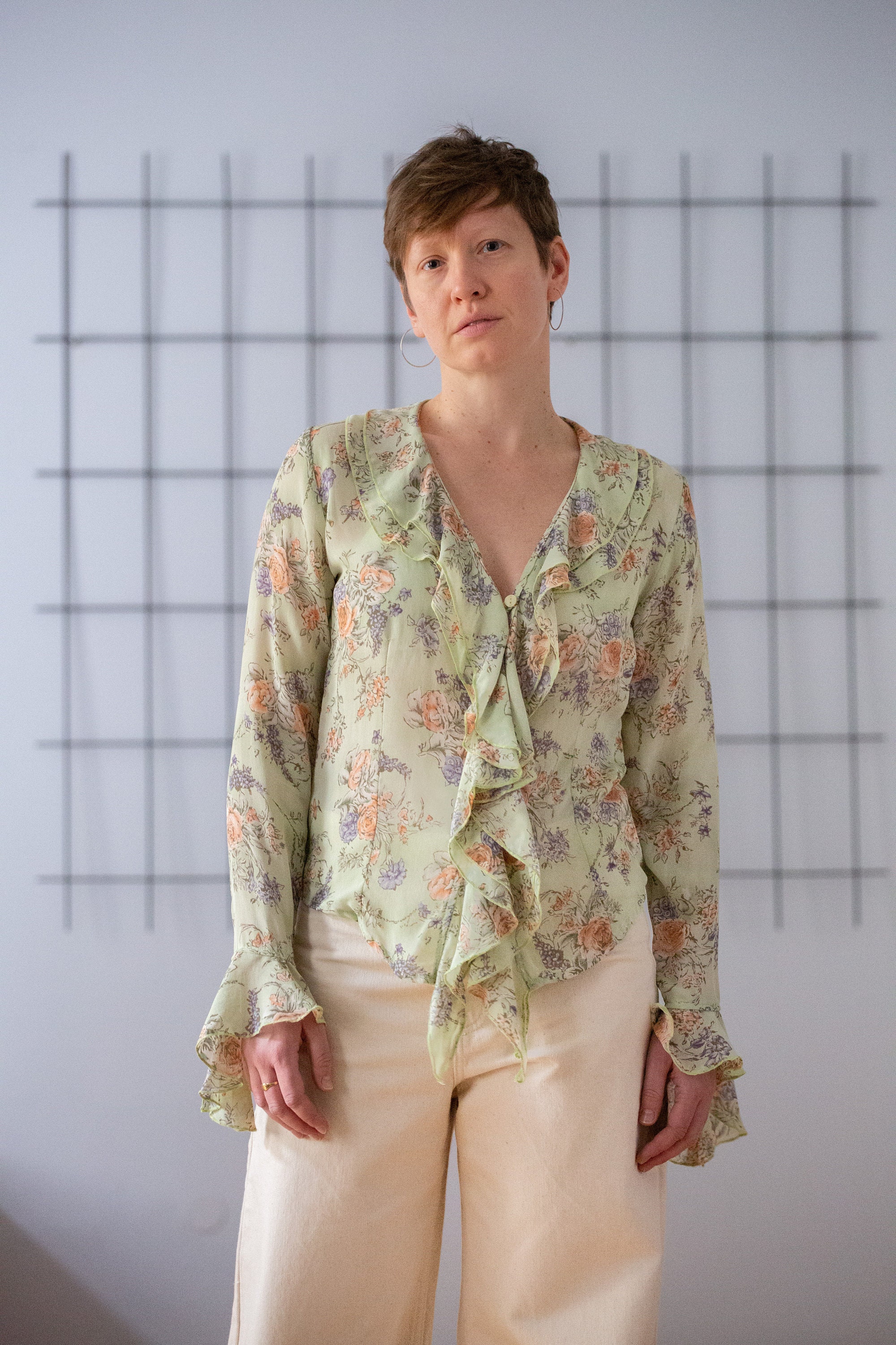 Vintage Y2K Floral Blouse: Pastel Green Sheer Ruffle Top, Size M