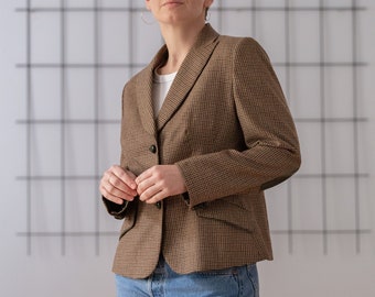 Spanische Vintage 100% Wolle maßgeschneiderte Blazer mit Ellbogen Patches in Braun & Grün | Größe L | Einreiher Karierte Jacke für Frauen gvs993