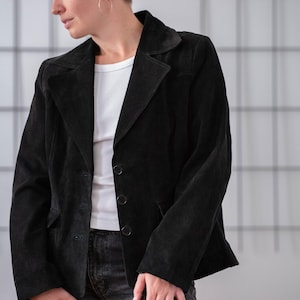 Vintage Real Suede Blazer in Black for Women | Size XL | 1990s Minimal Single Breasted Notch Collar Leather Jacket NVS1237